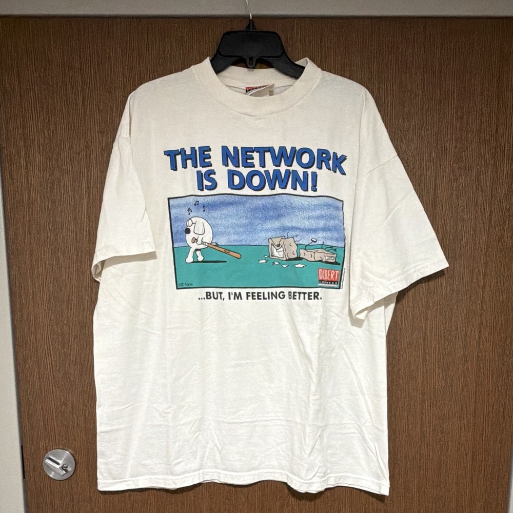Dilbert Software Dogbert "The Network Is Down" White vintage Crew Tee Men's XXL